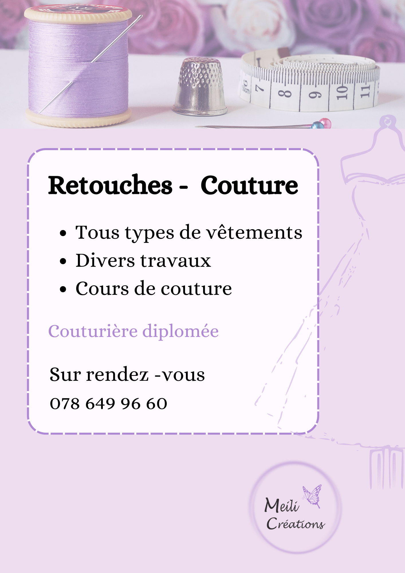 Flyers de retouches - couture  tout types de vêtements couturière diplômée à 1410 Saint-Cierges
