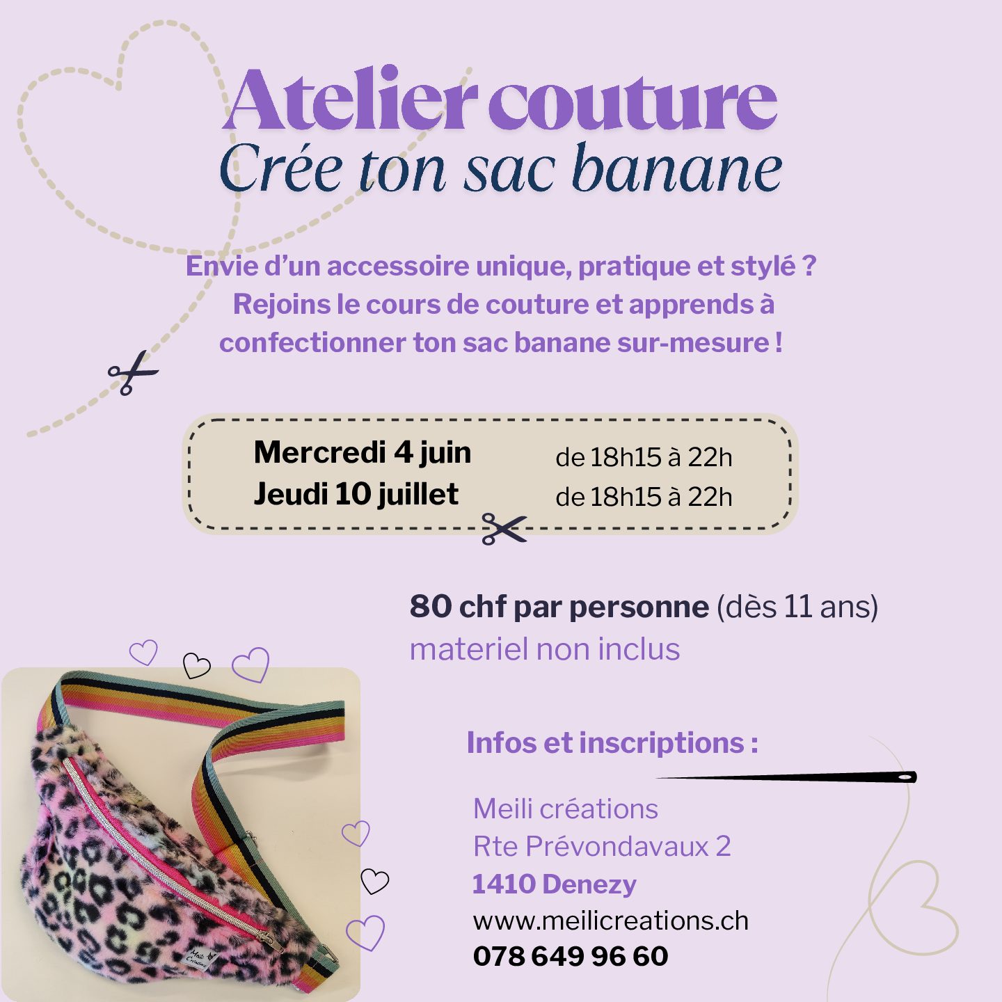 Sac banane flyers carré 10.05.25 flyers pour un cours de couture d'un sac banane à Denezy Vaud