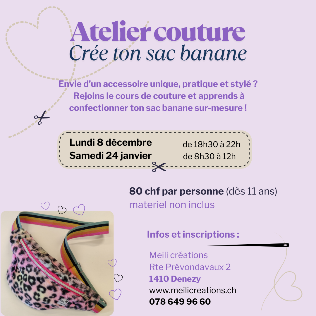 Flyer pour des cours de couture  afin de créer son propre sac banane